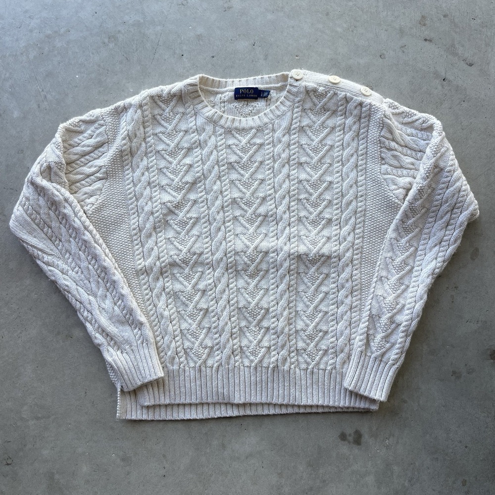Polo Ralph Lauren Shoulder Button Cable Knit Fisherman Sweater Aran Coastal L